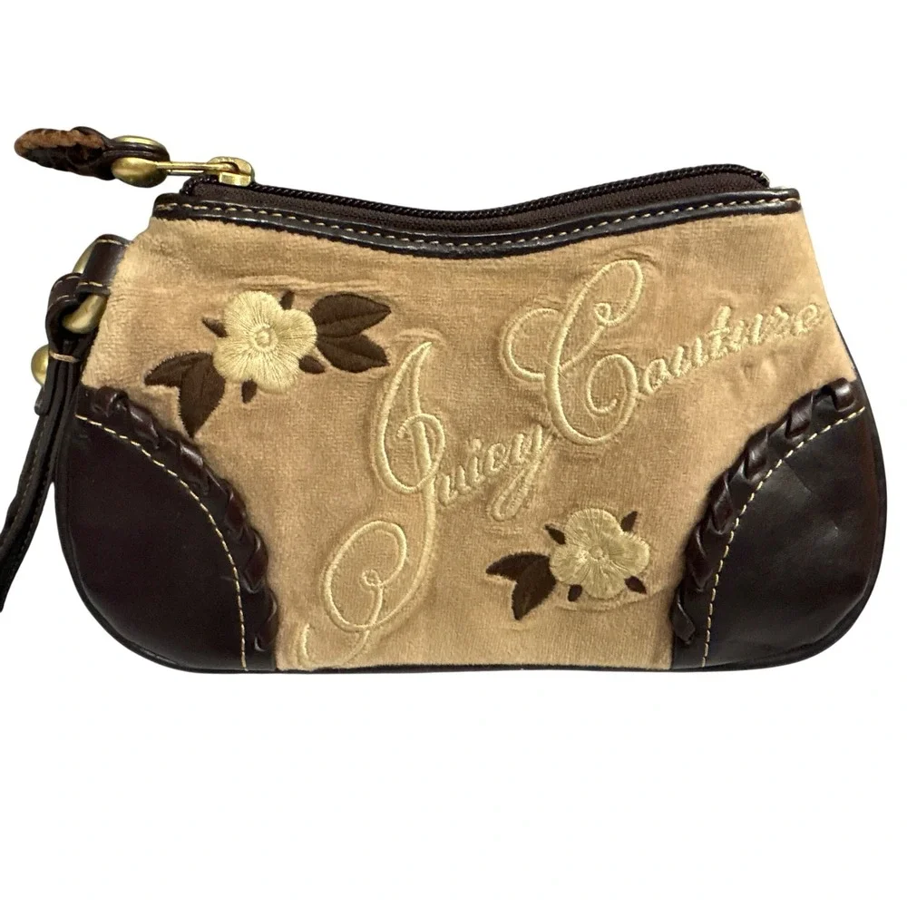 Vintage Y2K Juicy Couture Wristlet Wallet Brown Floral Embroidered - Picture 1 of 8